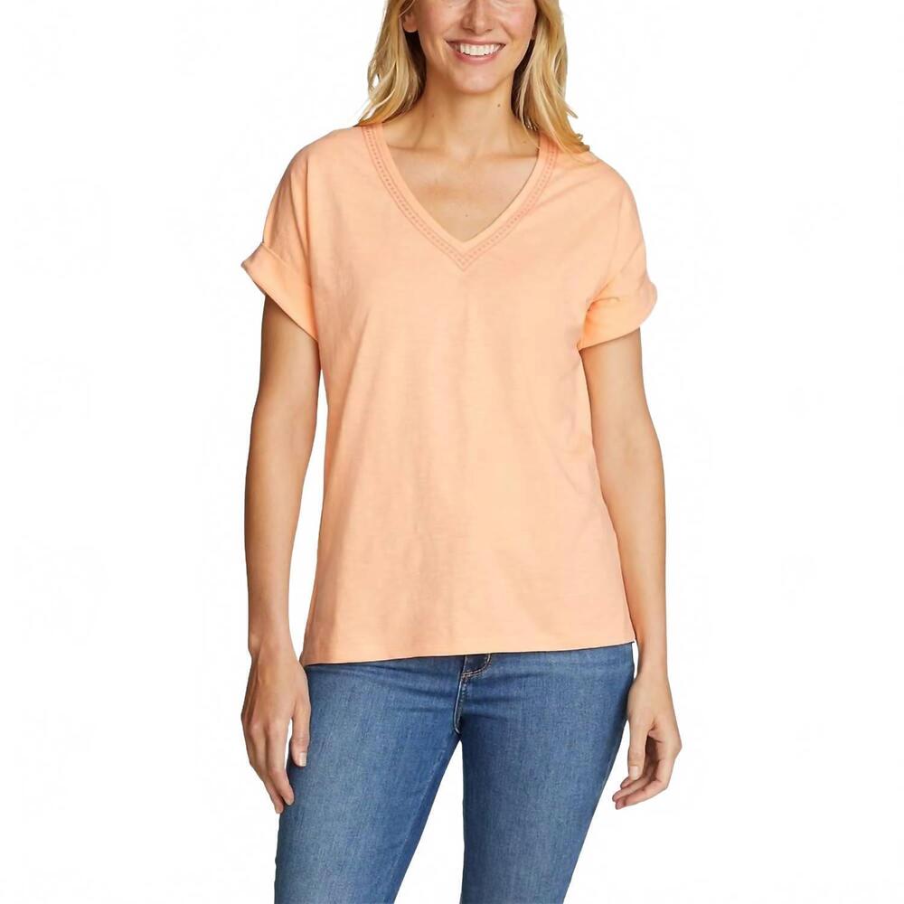 NEW EDDIE BAUER short sleeve daisy slub v-neck cotton tee in peach